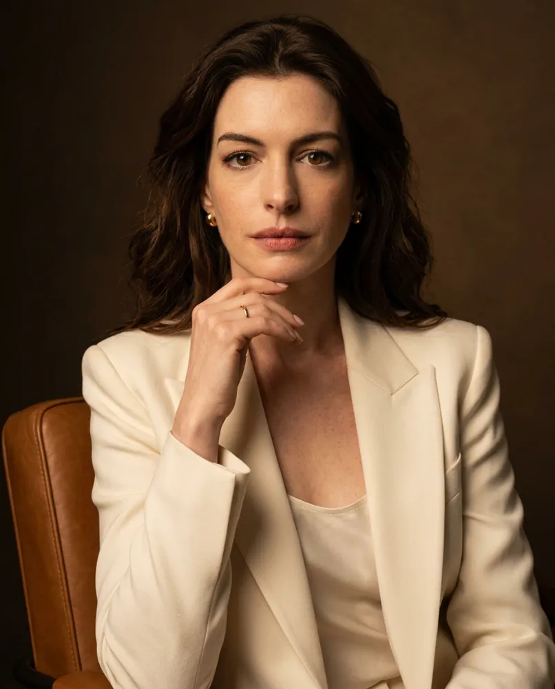 Exemplo do resultado — retrato editorial de mulher sentada em poltrona de couro caramelo, blazer off-white, mão no queixo, fundo marrom escuro e luz lateral dramática